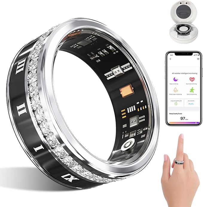 Diamond-encrusted Smart Health Ring for Men and Women - Fitness Tracker with Heart Rate, Blood