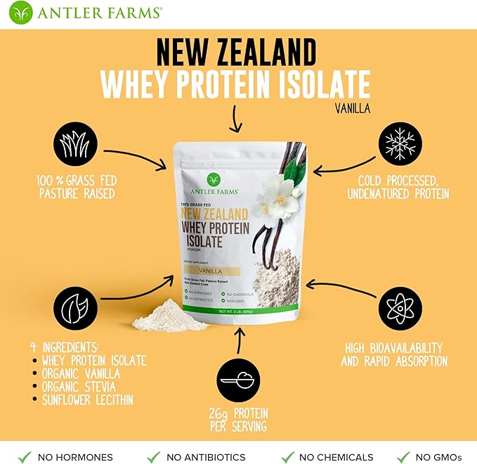 Antler Farms - 100% Grass Fed New Zealand Whey Protein Isolate, Vanilla Flavor, 2 lbs - Pure and