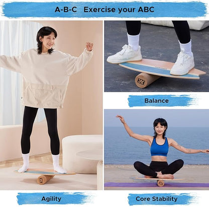 XCMAN Surf Balance Board Trainer with Roller Wooden Exercise Balancing Stability Trainer - Non Slip