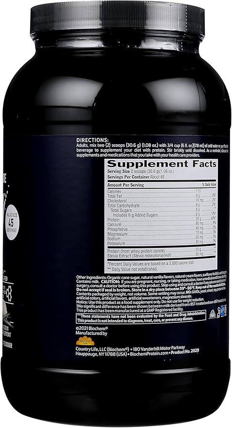 Biochem 100% Whey Isolate Protein Powder, Vanilla Flavor, 20g Grass-Fed Protein, Keto Friendly