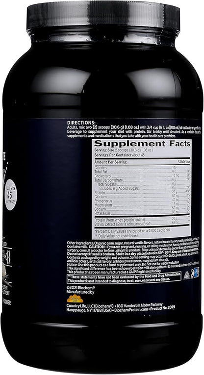 Biochem 100% Whey Isolate Protein Powder, Vanilla Flavor, 20g Grass-Fed Protein, Keto Friendly