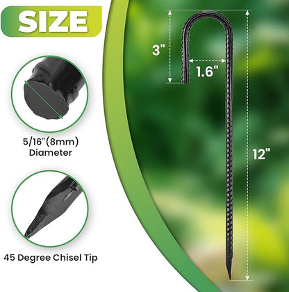 12 inches Ground Stakes 36-Pack J Hook Rebar 5/16" Diameter Tent Stakes Heavy Duty Metal Stake for