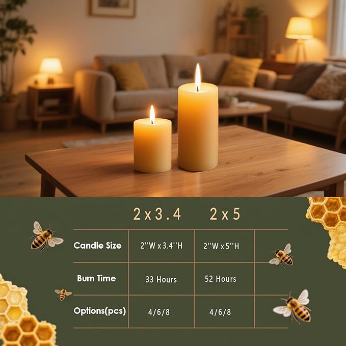 6 Packs 2x5 Inch Beeswax Candles, Natural Beeswax Pillar Candles with 52 Hours Burn Time, Organic