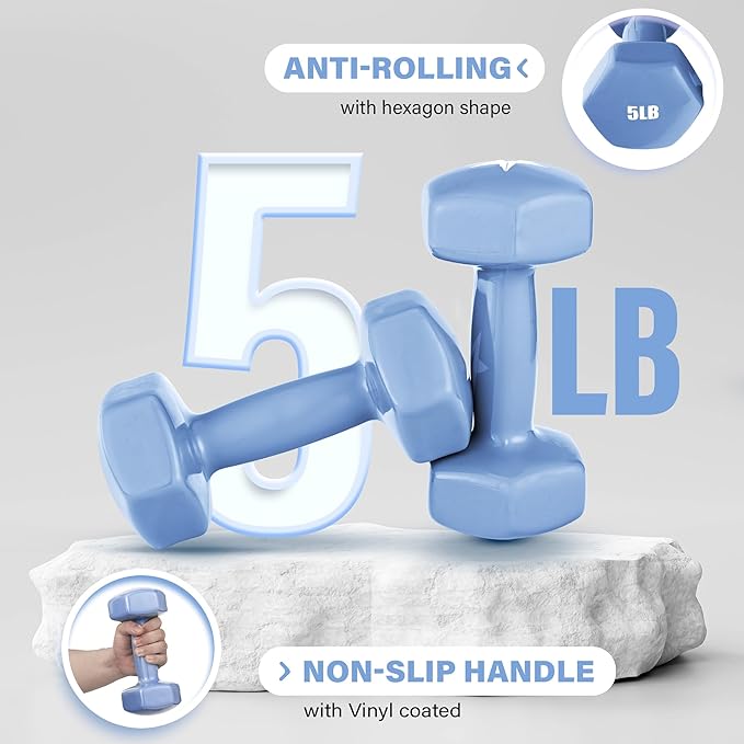 Yes4All Vinyl Hexagon Dumbbell - Dumbbells Set of 2 Hand Weights for Home Gym & Strength Training