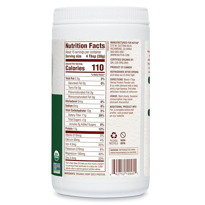 Nutiva USDA Organic Cold-Pressed Hemp Seed Plant Protein Powder, 16 Ounce, Fiber Plus with