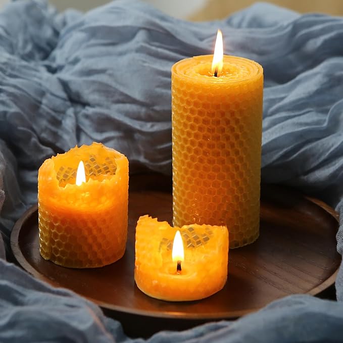 Hand-Rolled Beeswax Candles, 4 Packs, Handcrafted Honeycomb Beeswax Pillar Candles, Natural Bee