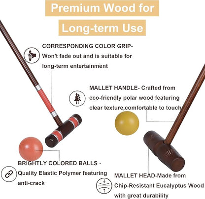 Deluxe 8 Players Croquet Set with 32In Regulation | 28In Standard Size Rubber Wood Mallets, Colored