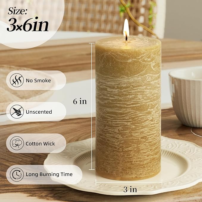 KONNI Wax Yellow Pillar Candles Set of 3, 3"x 6" Unscented Pillar Candles Bulk, 56 Hours Long