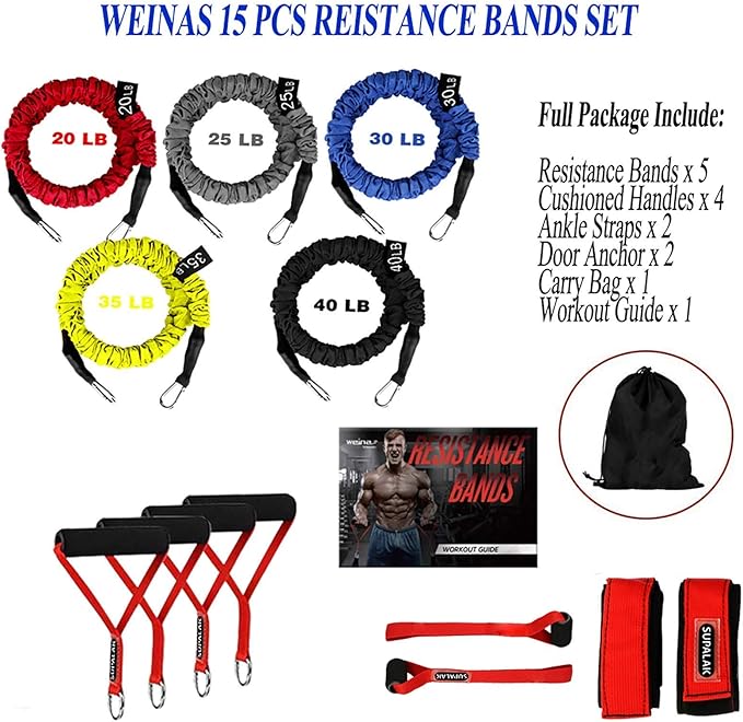 Resistance Bands, 15 Pieces Exercise Elastic Bands Set, 20lbs to 40lbs Resistance Tubes with Heavy