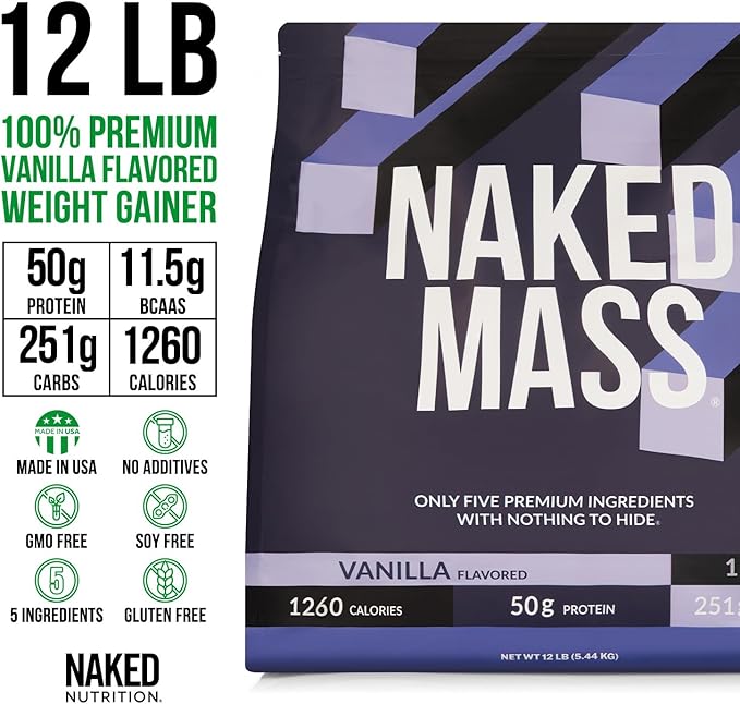 NAKED Vanilla Mass - All Natural Vanilla Weight Gainer Protein Powder - 12LB Bulk, GMO Free, Gluten