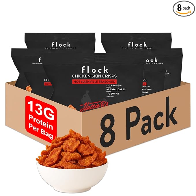 Flock Keto Chicken Skin Chips | Hattie B's Nashville Hot Flavor | Low Carb, High Protein, Sugar