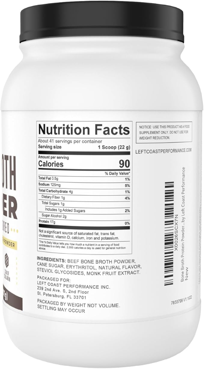 32oz Vanilla Bone Broth Protein Powder From Grass Fed Beef - Non-GMO Ingredients, Gut-Friendly, Low