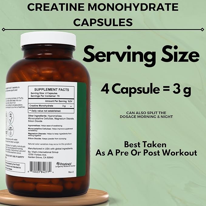 PRISTINE'S Creatine Monohydrate Capsules for Women & Men - NSF Certified 75 Day Supply 3G Muscle