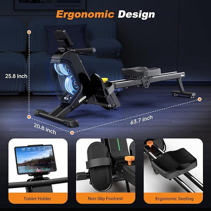 Magnetic Rowing Machine for Home Use, Foldable Rower with 32 Levels of Silent Resistance, LED Light