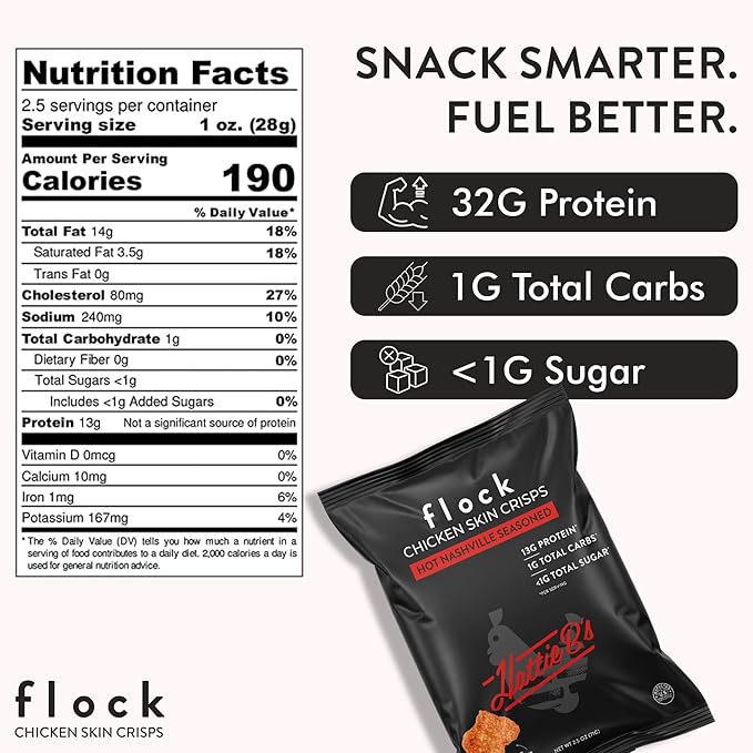 Flock Keto Chicken Skin Chips | Hattie Bs Nashville Hot Flavor | Keto Friendly, Low Carb, High