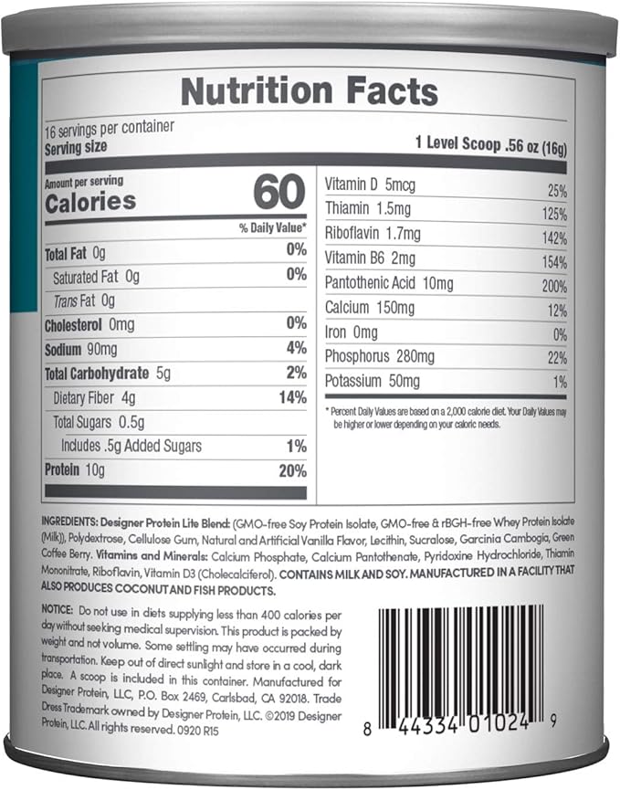 Designer Wellness, Designer Lite, Low Calorie Natural Protein, Prebiotic Fiber, Key Vitamins &