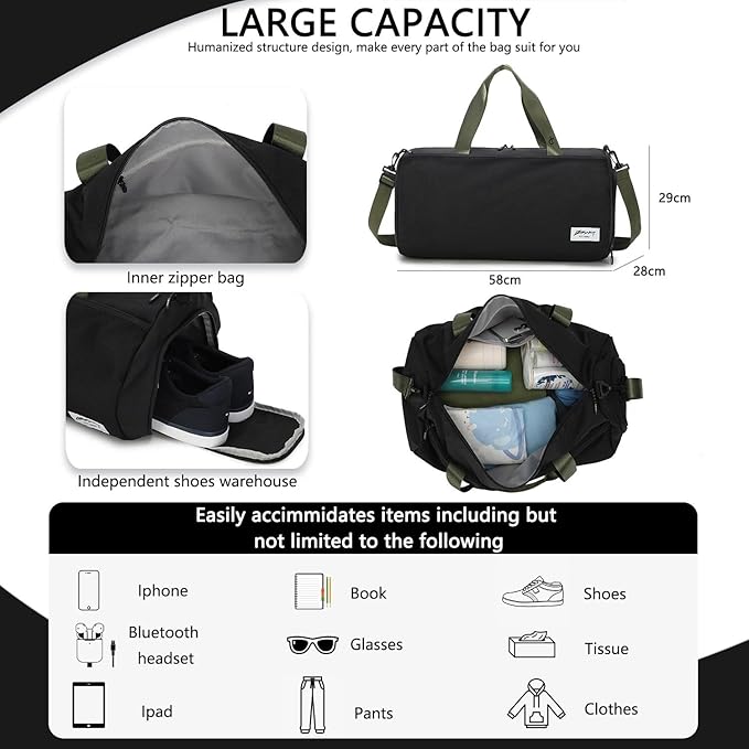 BE SMART Waterproof Mens Gym Bag with Shoe Compartment, Duffle Bags with Wet Pocket for Men