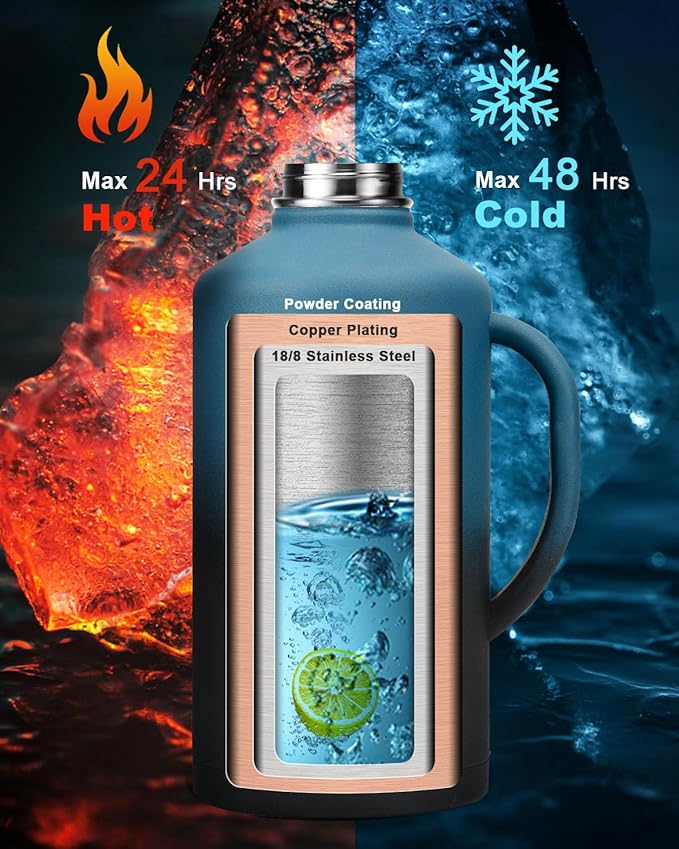 128 oz Stainless Steel Water Bottle with Handle and Carry Pouch, One Gallon Insulated Mug Tumbler