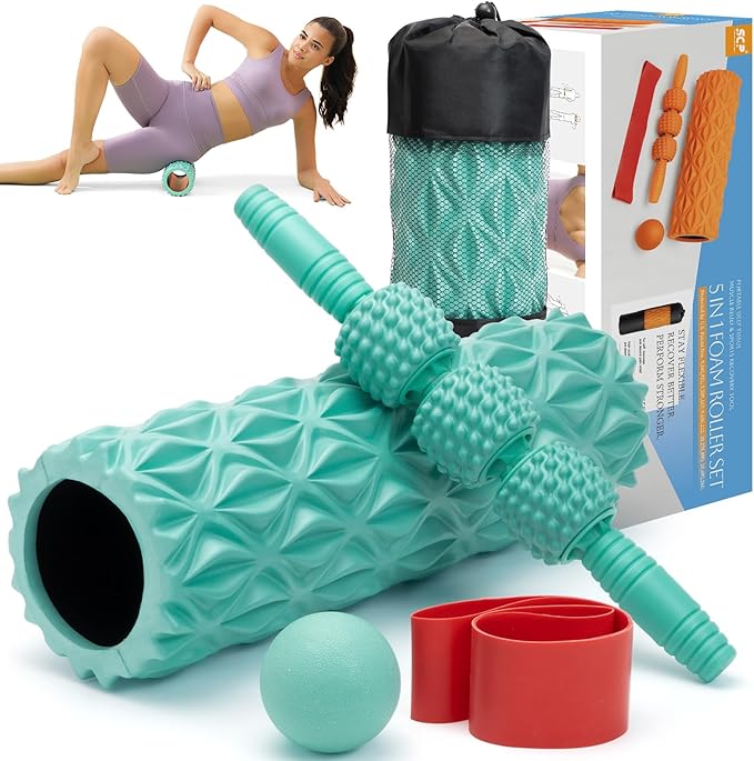 5 in1 Foam Roller Set, Trigger Point Foam Roller, Massage Roller Stick, Massage Ball, Resistance