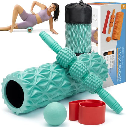 5 in1 Foam Roller Set, Trigger Point Foam Roller, Massage Roller Stick, Massage Ball, Resistance