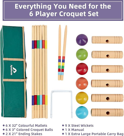 ApudArmis 32In Six Player Croquet Set with Deluxe Premiun Pine Wooden Mallets,Colored