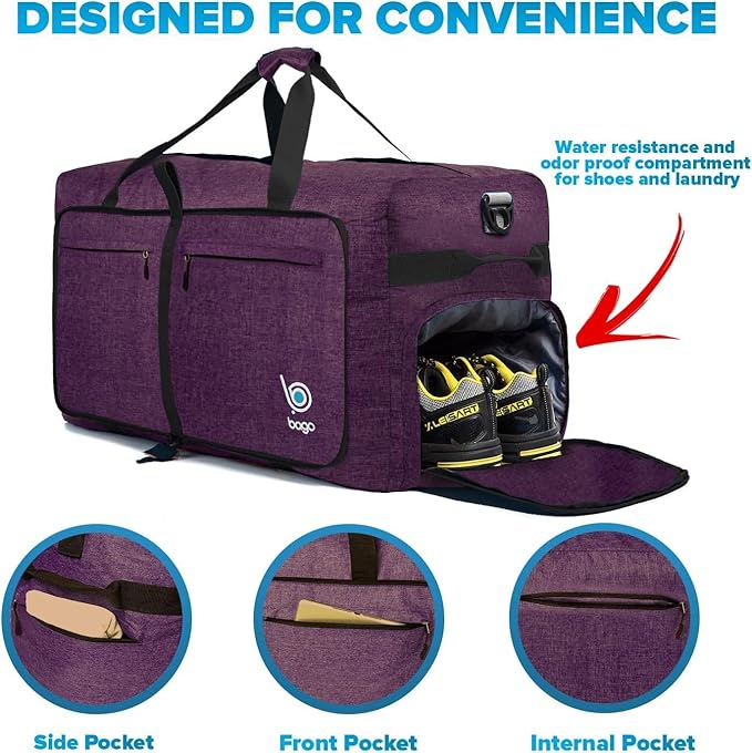 Bago Large Foldable Duffel Bags for Traveling Women & Men - 100L Packable Duffle Bag for Travel