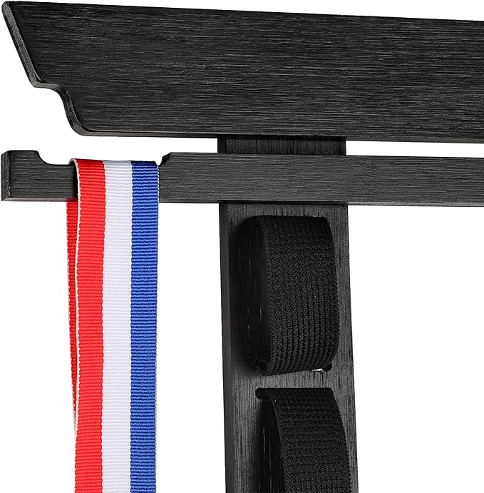 JUXYES Wall Hanging Martial Arts Belts Organizer for 10 Belts with Medal Hanger and Stickers