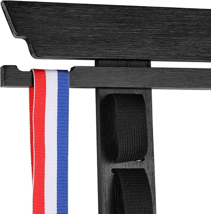JUXYES Wall Hanging Martial Arts Belts Organizer for 10 Belts with Medal Hanger and Stickers