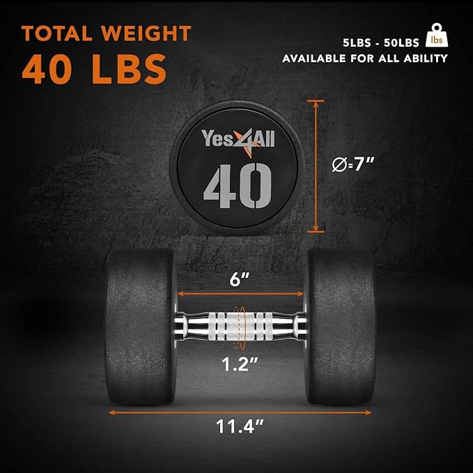 Yes4All Urethane Dumbbell with Anti-Slip Knurled Handle 5-50 LB for Muscle Building - Sold