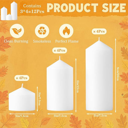 White Pillar Candles Bulk Set of 12,3 Different Lengths 3 x 3/6/8 Inch (4 Each),Hurricane