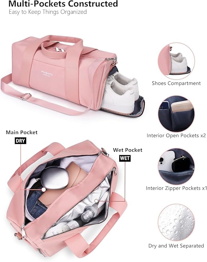 Compact Sports Gym Bag for Women Girls, Cute Mini Duffle Bag with Wet Pocket & Shoes Compartment