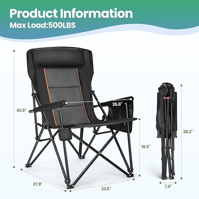 HIGH POINT SPORTS Oversized Folding Camping Chairs for Adults, High Backrest Heavy Duty Lawn Chairs