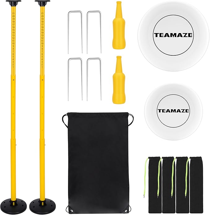 Teamaze Flying Disc Game Set with Height-Adjustable Poles & Score Tracker, Outdoor Bottle Toss Game