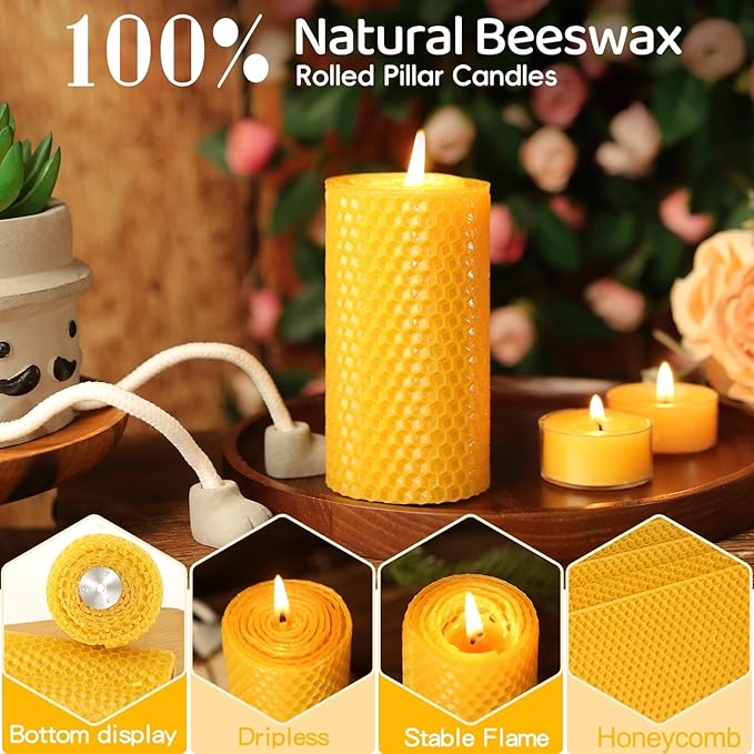 3 Pack Natural Beeswax Pillar Candles,Handmade Pure Beeswax Rolled Candle-60 Hours Long