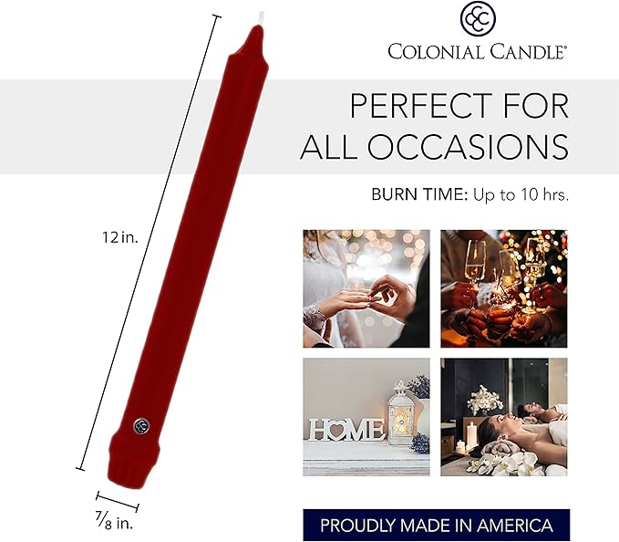 Colonial Candle Unscented Taper Candle, Classic Collection, Traditional Cranberry, 12 In, Pack of