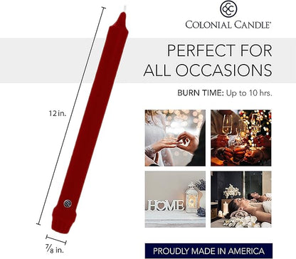 Colonial Candle Unscented Taper Candle, Classic Collection, Traditional Cranberry, 12 In, Pack of