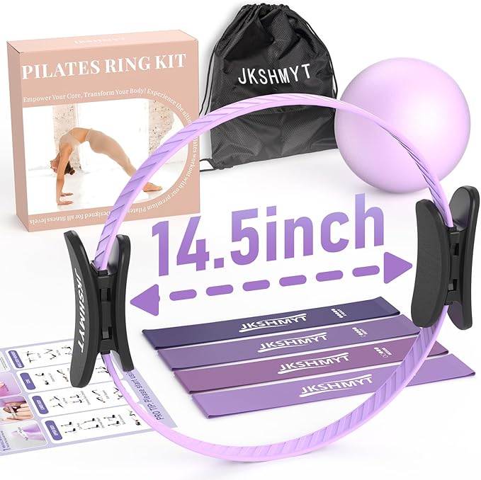 JKSHMYT Silicone Pilates Ring-14.5" Home Pilates kit with Padded Handles, Mini Ball, Resistance