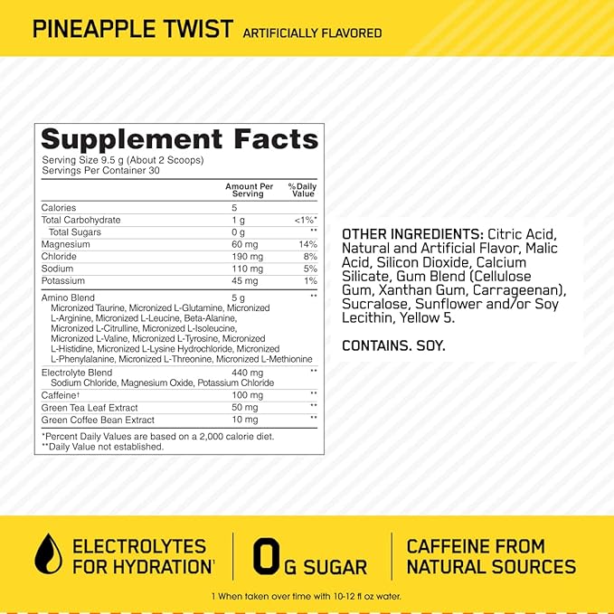 Optimum Nutrition Amino Energy Powder Plus Hydration, with BCAA, Electrolytes, and Caffeine