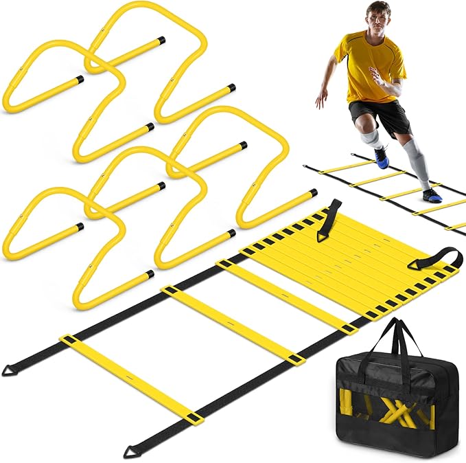 Speed and Agility Training Equipment: 5 Adjustable Agility Hurdles. 20ft Agility Ladder, Soccer