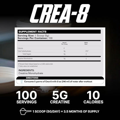 EHP Labs CREA-8 Micronized Creatine Monohydrate Powder - Unflavored Creatine Powder for Muscle
