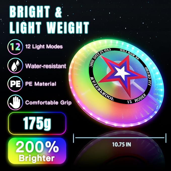 LED Flying Disc with Millions of Colors, 42 LEDs, 175g, 12 Lighting Modes, Rechargeable &