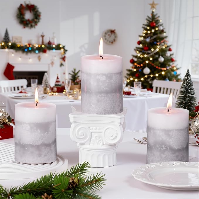 KONNI Gray Layered Pillar Candles Set of 3, 3"x 4" Unscented Pillar Candles Bulk, 39 Hours Long