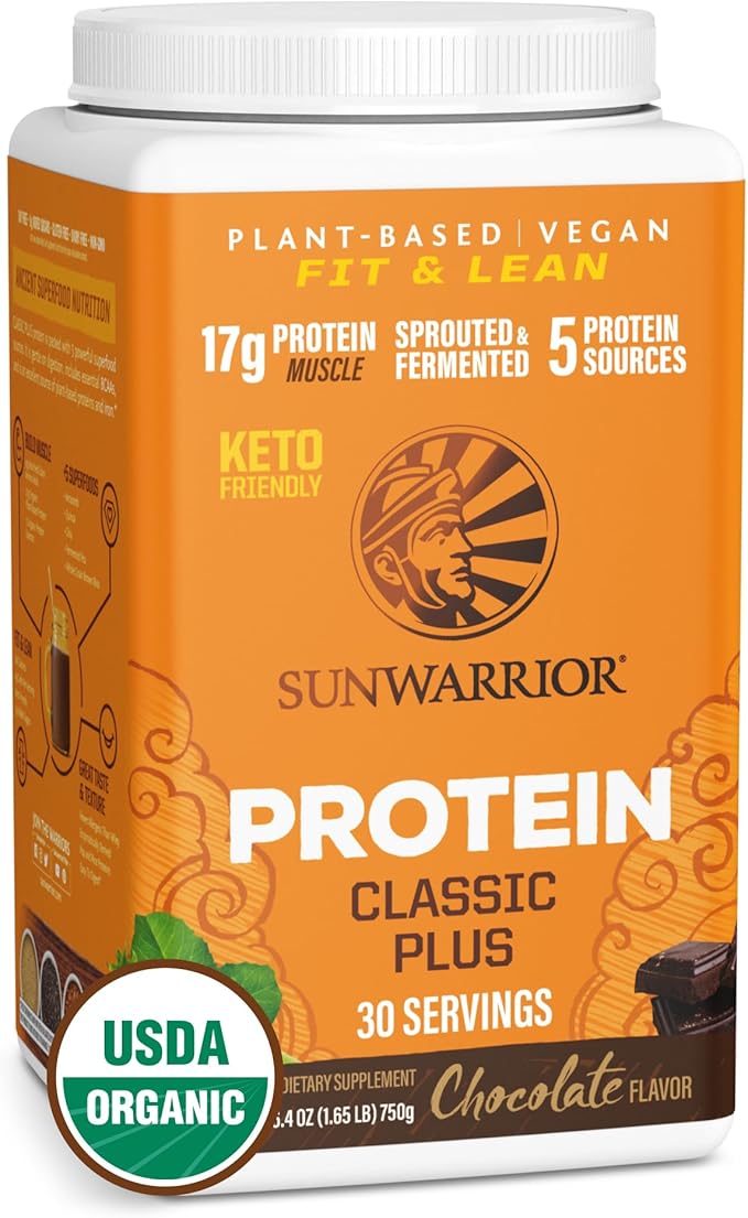 Sunwarrior - Classic Plus, Vegan Protein Powder with Peas & Brown Rice, Raw Organic Plant Based