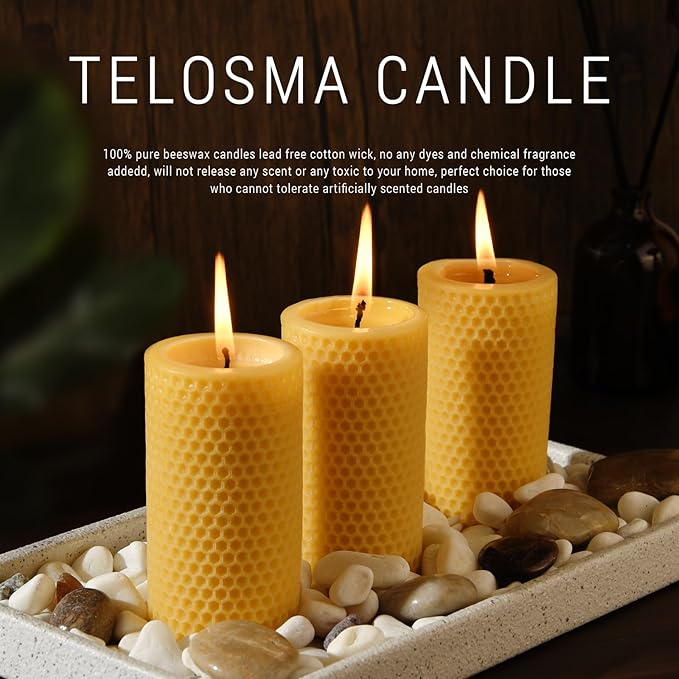 Honeycomb Natural Beeswax Pillar Candles - Pack of 2-100% Pure Beeswax Candles No Scent- for