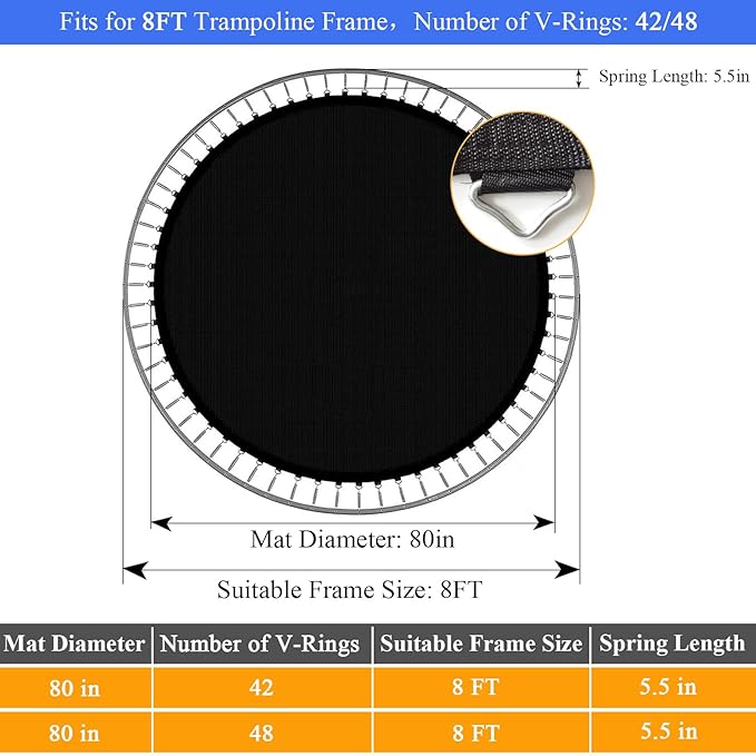 Trampoline Mat, Fits 8FT Frame, with 42/48 V-Rings and Spring Tool, Replacement Jumping Mat