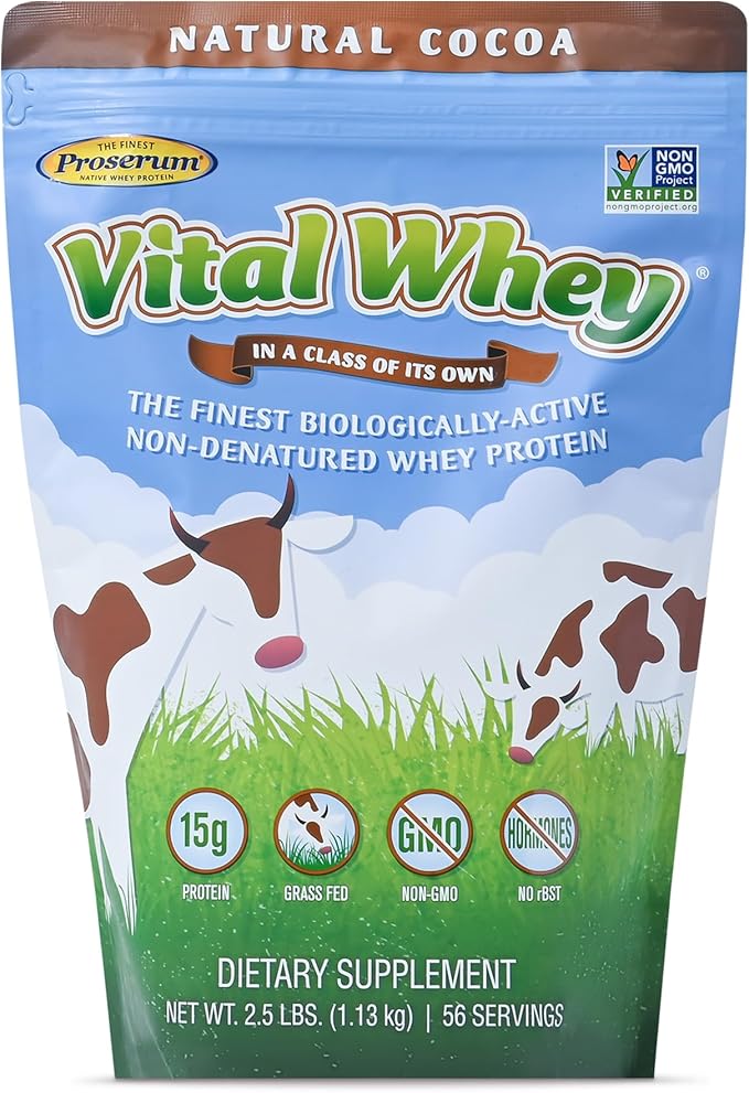 Grass-Fed Whey Protein Powder for Immune Vitality, Natural Cocoa 2.5lbs (56 Servings), 15g Protein