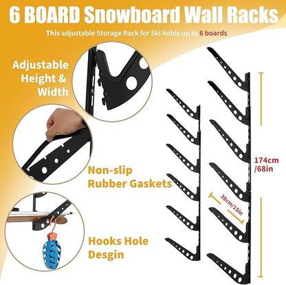 6 Board Snowboard Wall Racks, Adjustable Storage Rack for Ski, Surfboard, Wakeboard, Snowboard Wall