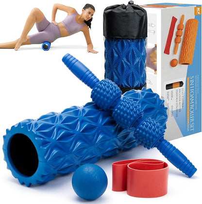 5 in1 Foam Roller Set, Trigger Point Foam Roller, Massage Roller Stick, Massage Ball, Resistance