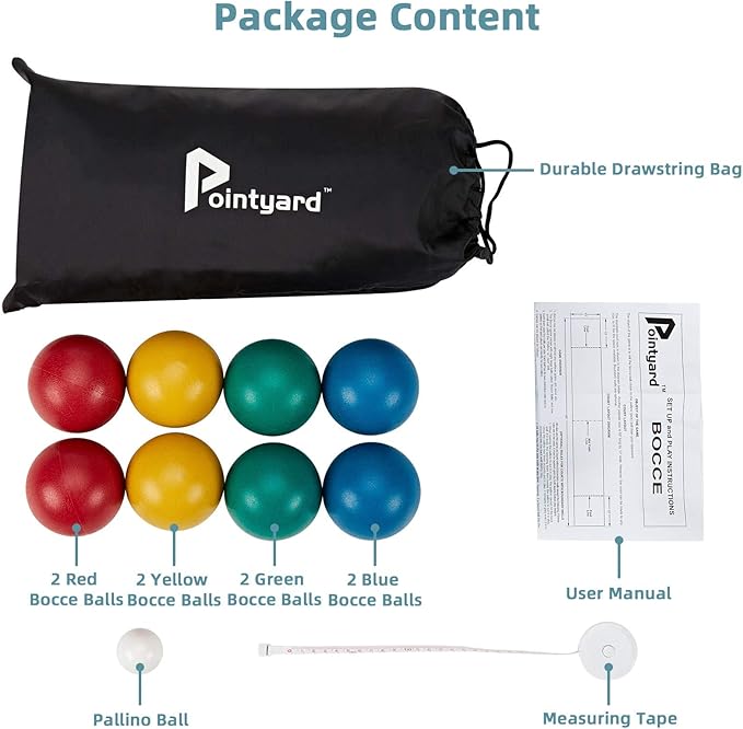 Pointyard 84mm Bocce Ball Set, Outdoor Games for Adults and Family, Backyard Ball Set with 8 PE