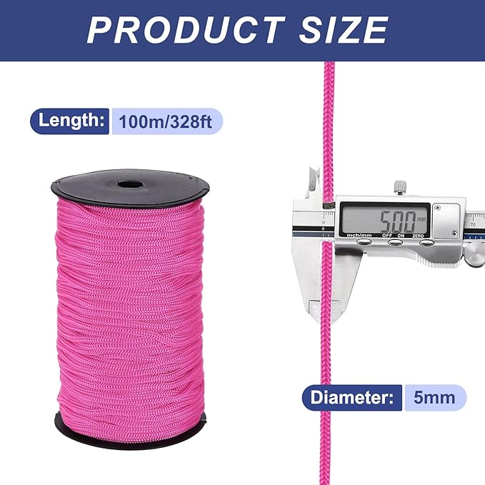 MECCANIXITY 3/16 Inch Polypropylene Rope Braided Ropes, 328ft Nylon Rope Hollow Utility Cord for